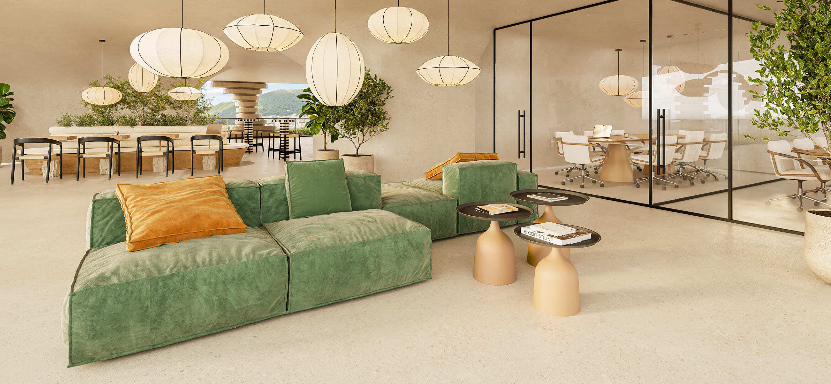 Sala de reuniones moderna y áreas comunes con diseño natural