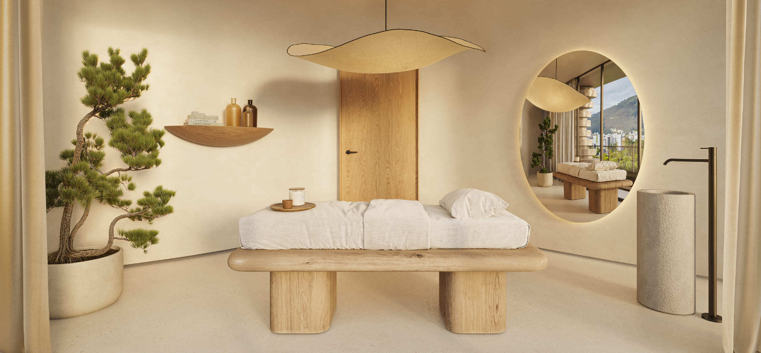 Sala de masajes con decoración cálida y vista a la ciudad