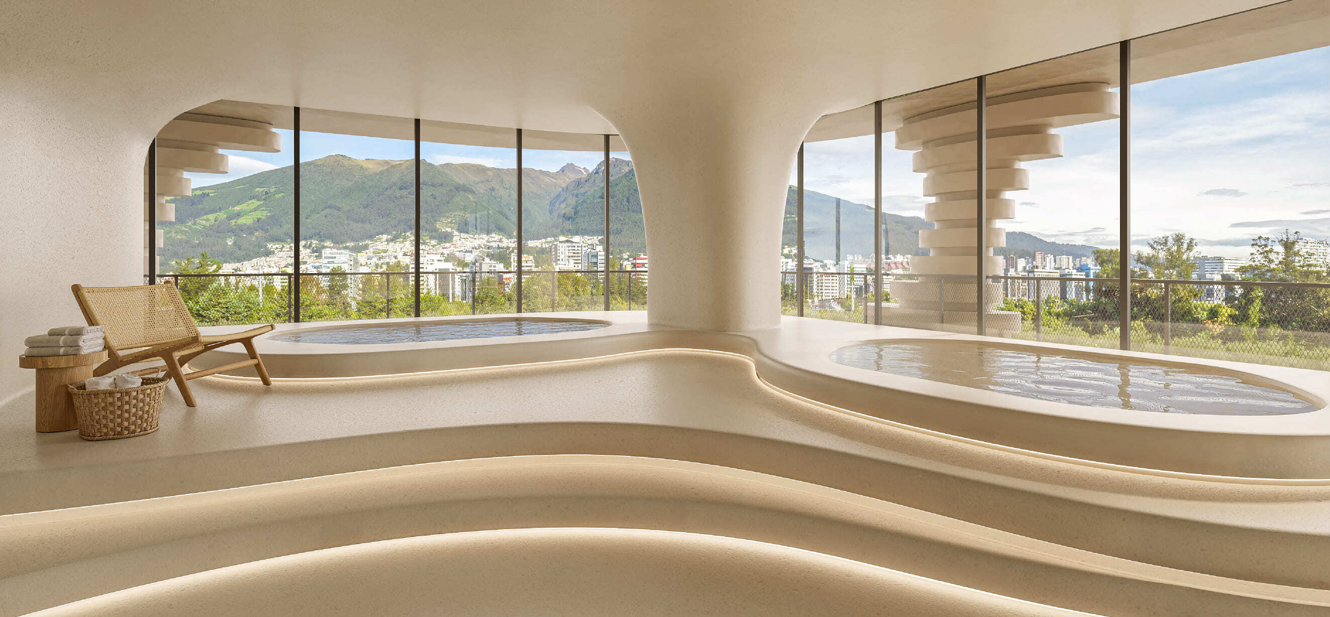 Spa interior con vista panorámica y diseño orgánico minimalista
